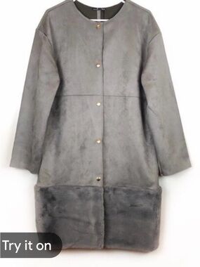 Zara Gray Faux Suede Longline Jacket with Faux Fur Trim Size 8 great condition